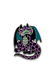 Dragon-shaped enamel pin with purple and black design on a white background