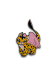 Pin with a cartoon character of a leopard with pink wings on a white background