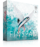 Board game box for 'Finspan' featuring a fish illustration on a blue and white background.