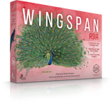 Board game box for 'Wingspan Asia' with a peacock illustration on a pink background