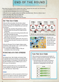 Game rule sheet for 'End of the Round' with round indicators and player tokens.