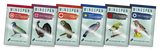 Six Wingspan brand finished bird cards in a row, showing different bird illustrations and national flags on the card backs against a white background.