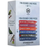 Stonemaier Games 'Fan-Designed Card Packs - Set 1' box packaging, featuring a white box with colorful bird illustrations and a list of included bird categories on the front and side.