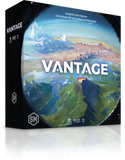 Board game box titled 'Vantage' with mountain and landscape design on a white background
