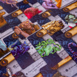Close-up of a board game with character cards and game pieces.