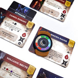 Collection of fantasy game cards with various characters and text on a white background