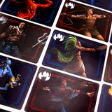 Collection of action-oriented character cards with dynamic poses and vibrant colors.