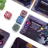 Close-up of game cards and dice with a focus on a character card and dice.
