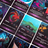 Collection of fantasy game cards with various characters and text.