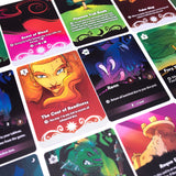 Collection of colorful game cards with various designs and text.