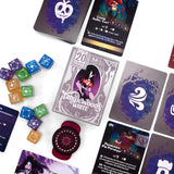 Collection of cards and dice from a game with colorful designs on a white background