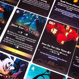 Close-up of various fantasy game cards with different artwork and text.