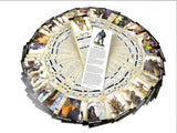 Circular arrangement of character cards with descriptive text on a white background