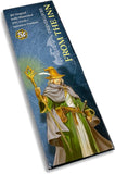 Card game box featuring a character in fantasy attire with a staff and sword, on a white background.