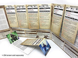 Game screen with character sheets and game components on a white background