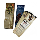 Collection of tabletop game components including a dragon illustration, character cards, and a handbook on a white background.