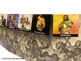 Collection of fantasy character cards on a display stand with a detailed background.
