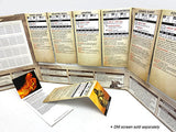 Collection of game character sheets on a white surface with text and graphics.