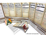 Game character sheets with text and graphics on a white background