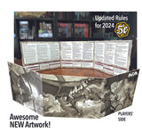 Tabletop game rulebook with artwork on a stand, labeled 'Updated Rules for 2024' and 'Awesome NEW Artwork!'.