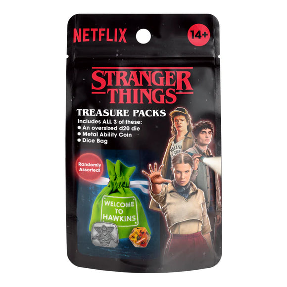 Stranger Things treasure pack with characters and 'Welcome to Hawkins' bag on Netflix packaging.