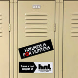 Beige locker with 'Hawkins is for Hunters' and 'I was a test subject at hnl' stickers.