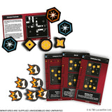 Board game components including cards, miniatures, and a strategy board on a white background.