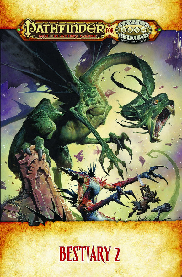 Cover of Pathfinder Bestiary 2 featuring a green dragon and characters in a fantasy setting.