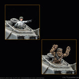 Collage of a miniature model of a character in a vehicle with a close-up of a creature's head.