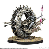 Detailed model of a character on a mechanical wheel with a pink weapon, on a white background.