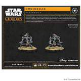 Star Wars Legion Droidekas miniatures on a black background with branding and product details.