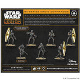 Star Wars Legion BX-Series Droid Commandos packaging with six droid figures on a black background.