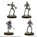 Four robot miniatures on black bases against a white background