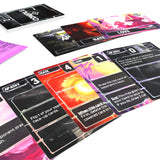 Collection of colorful card games with various text and graphics on a white background