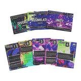 Collection of colorful game cards with text and graphics on a white background