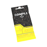 Packaging with 'Compile' text and circuit board design on a white background