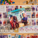 Board game 'Yokohama Duel' with cards and pieces on a wooden table