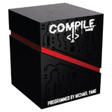 Black box with 'COMPILE' text and red stripe on a white background