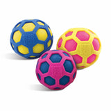 Three colorful dog toys with a geometric pattern on a white background