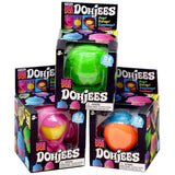 Packaging of Dohjees toys with colorful tops and a green base.