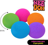 Five colorful Nee Doh playdough balls with the brand name above them on a white background.