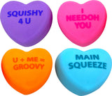 Four heart-shaped squishies with colorful text on a white background