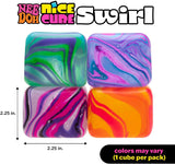 Four colorful marbled cubes with 'Nice Doh Cube Swirl' branding and dimensions on a white background.