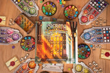 Sagrada Panorama Expansion board game box surrounded by colorful components on a wooden surface