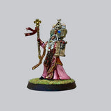 Miniature figurine with ornate clothing and accessories on a gray background