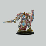 Colorful fantasy figurine with armor and spear on a gray background