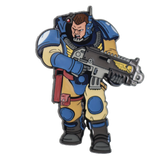 Character in futuristic armor holding a weapon on a white background