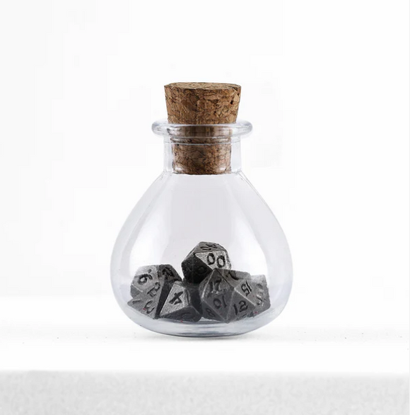 Hymgho Dice: Unseeli Tiny Dice Set in Potion Bottle - Ancient Silver