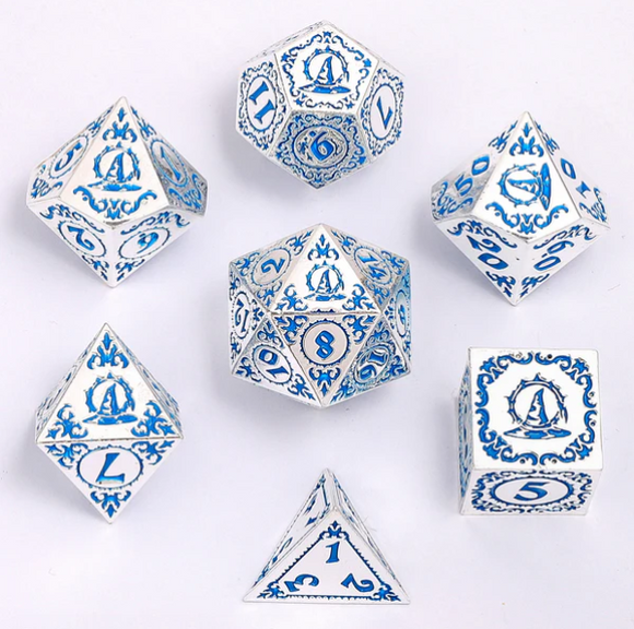Hymgho Dice: Wizard Solid Metal Polyhedral Dice Set Silver and Blue - 7D