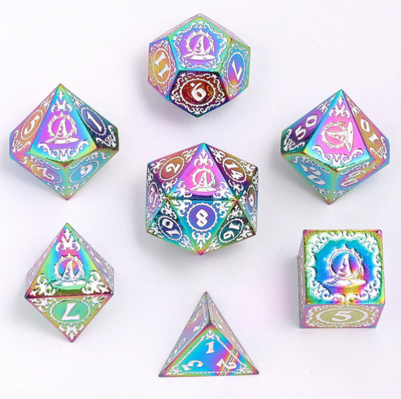Hymgho Dice: Wizard Solid Metal Polyhedral Dice Set Rainbow and White  - 7D
